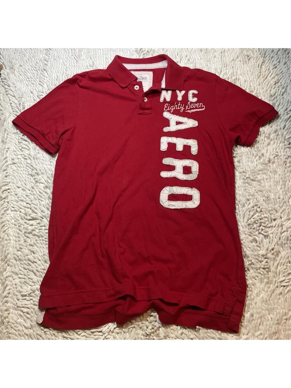Aeropostale Mens Red NYC Eighty Seven Aero Graphic Polo Shirt Large Distressed